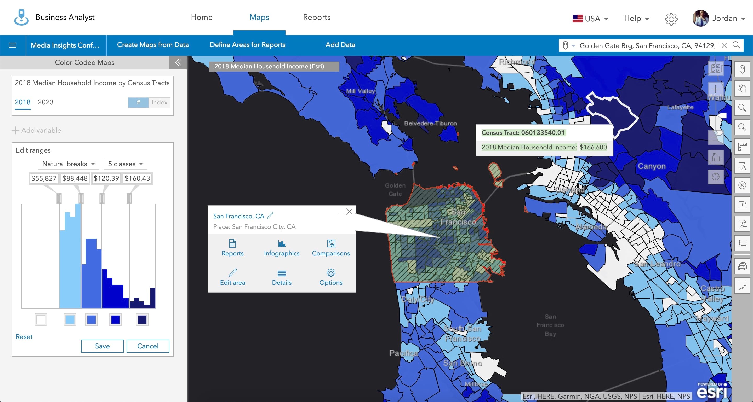 Color-coded map of the San Francisco area using the Business Analyst Web App.