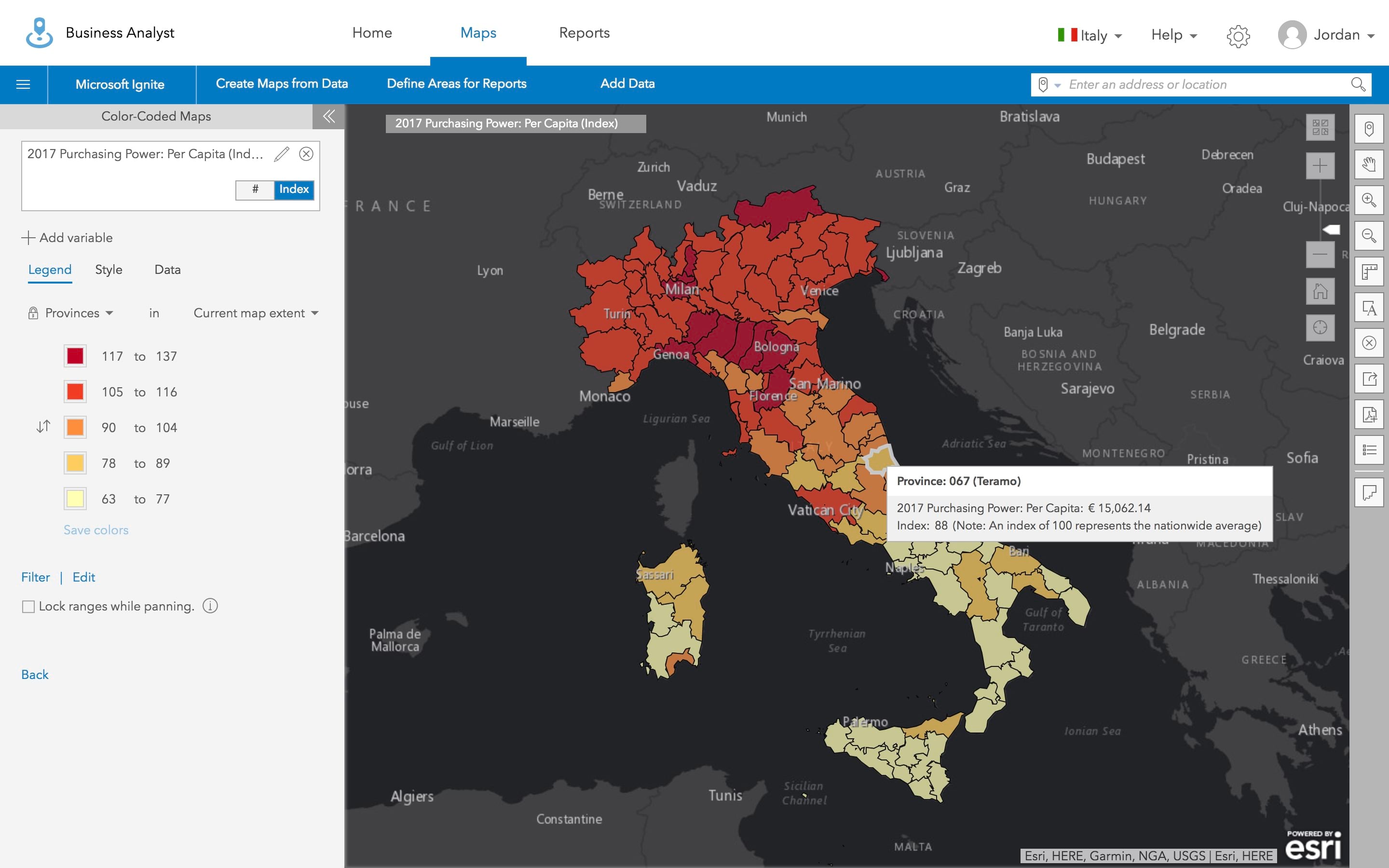 Italian purchasing power data map in Business Analyst