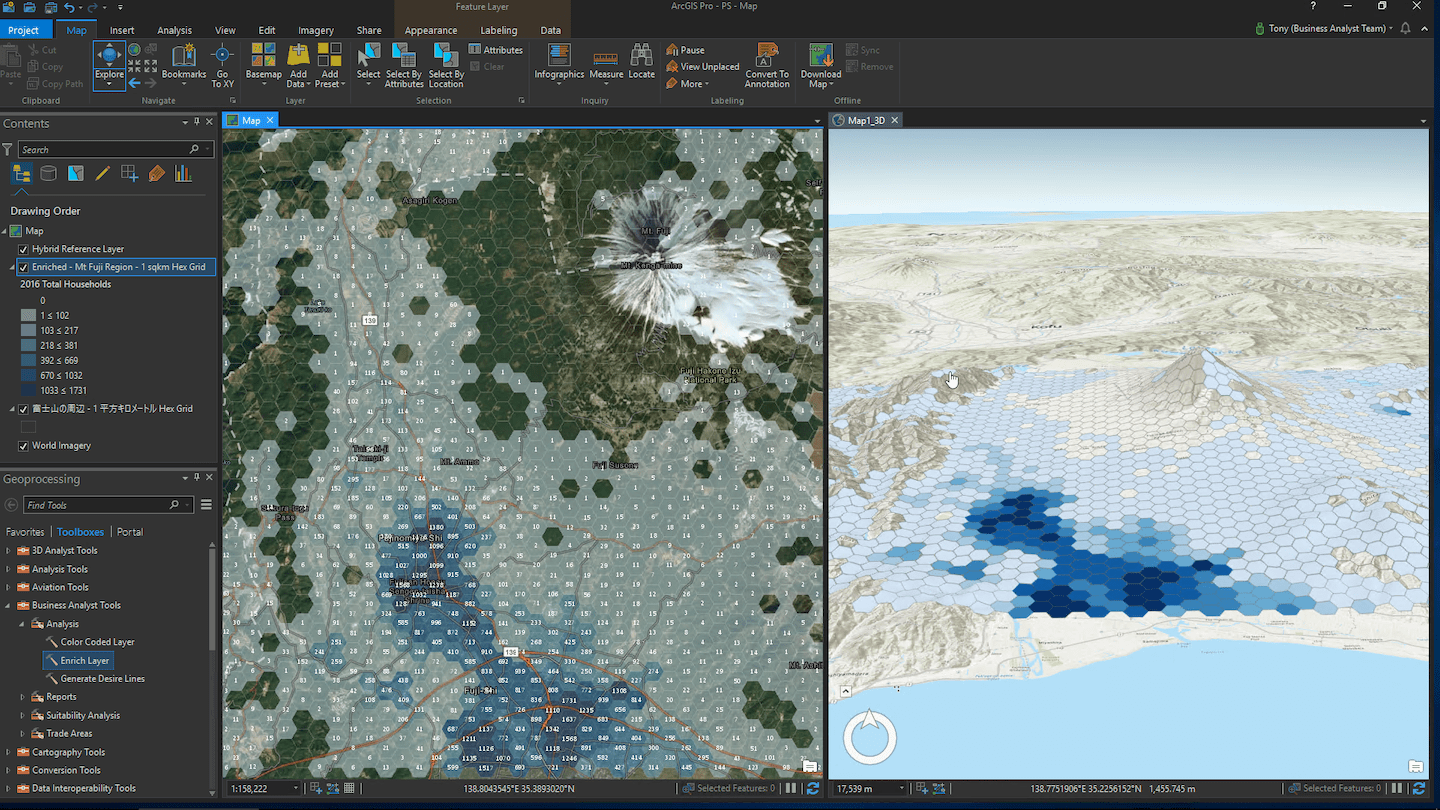 3D analysis of the Mount Fuji area in Japan using the Business Analyst Extension for ArcGIS Pro