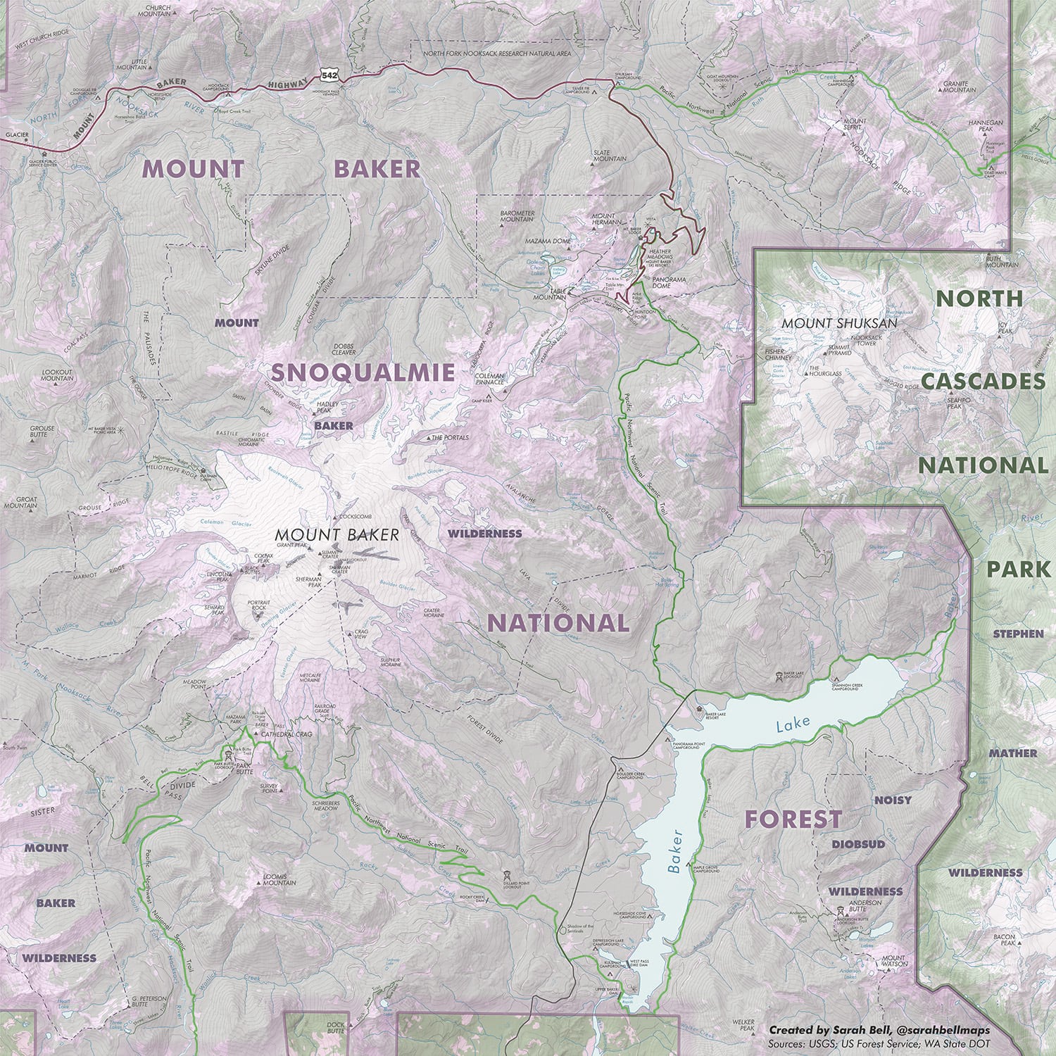 Mount Baker Wilderness map created with ArcGIS Maps for Adobe Creative Cloud. Mount Baker Wilderness map created with ArcGIS Maps for Adobe Creative Cloud.