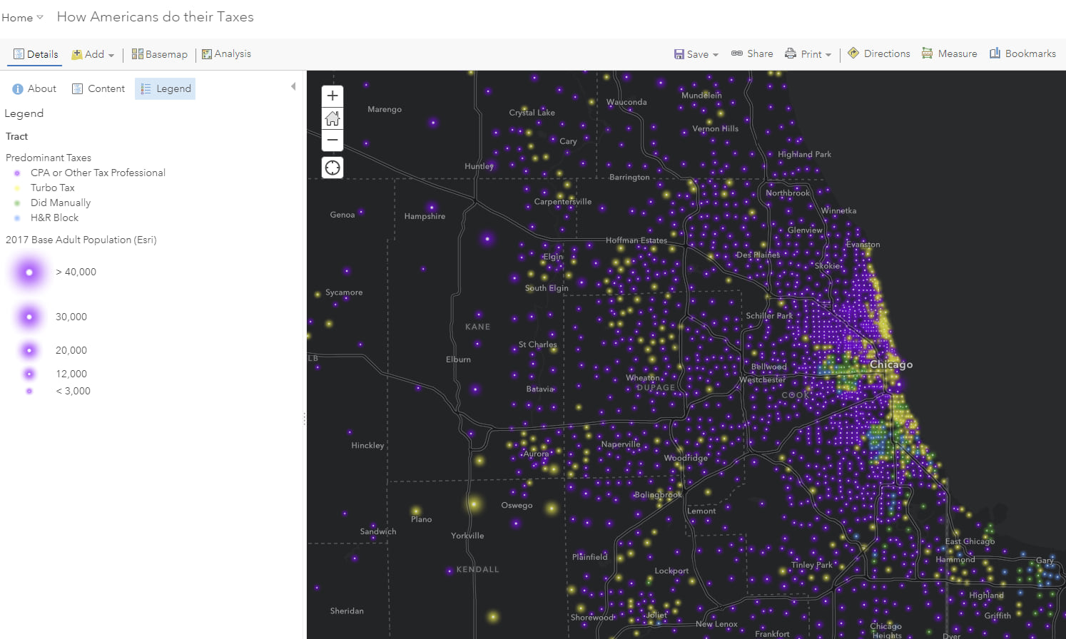 Chicago map with firefly symbology. A small amount of symbols are in bright yellow, green, and blue.