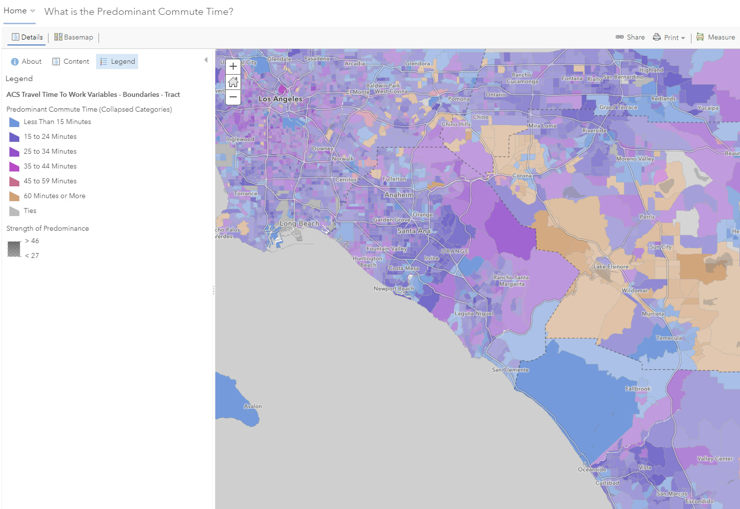 Map of Los Angeles tracts using a sequential predominance ramp.