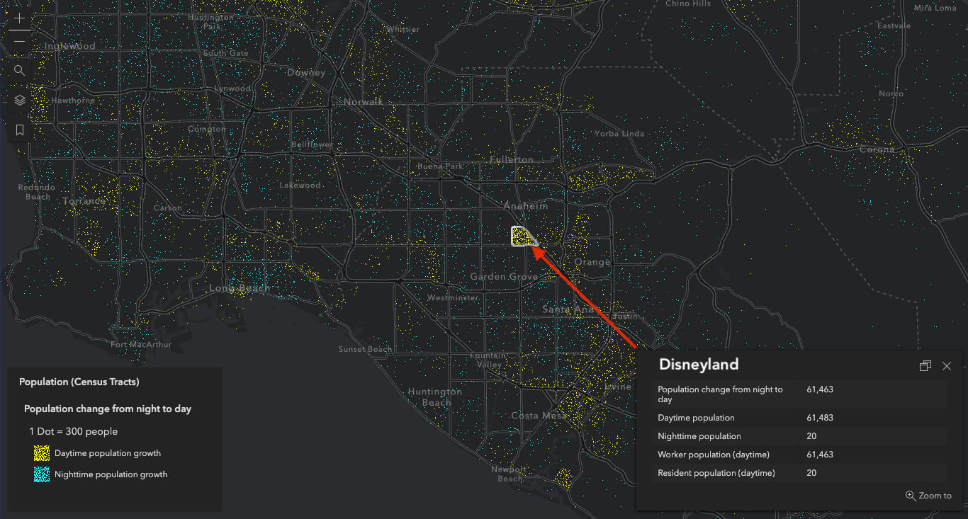 Population change from nighttime to daytime in southern California.