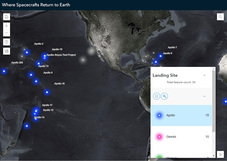 Spacecraft landing sites with bloom effect applies to all Apollo landing sites