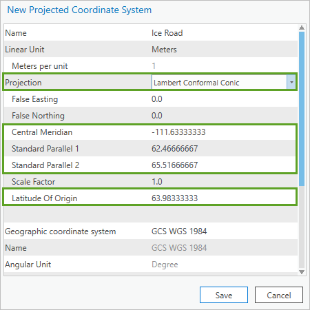 New Projected Coordinate System dialog with properties to match Projection Wizard