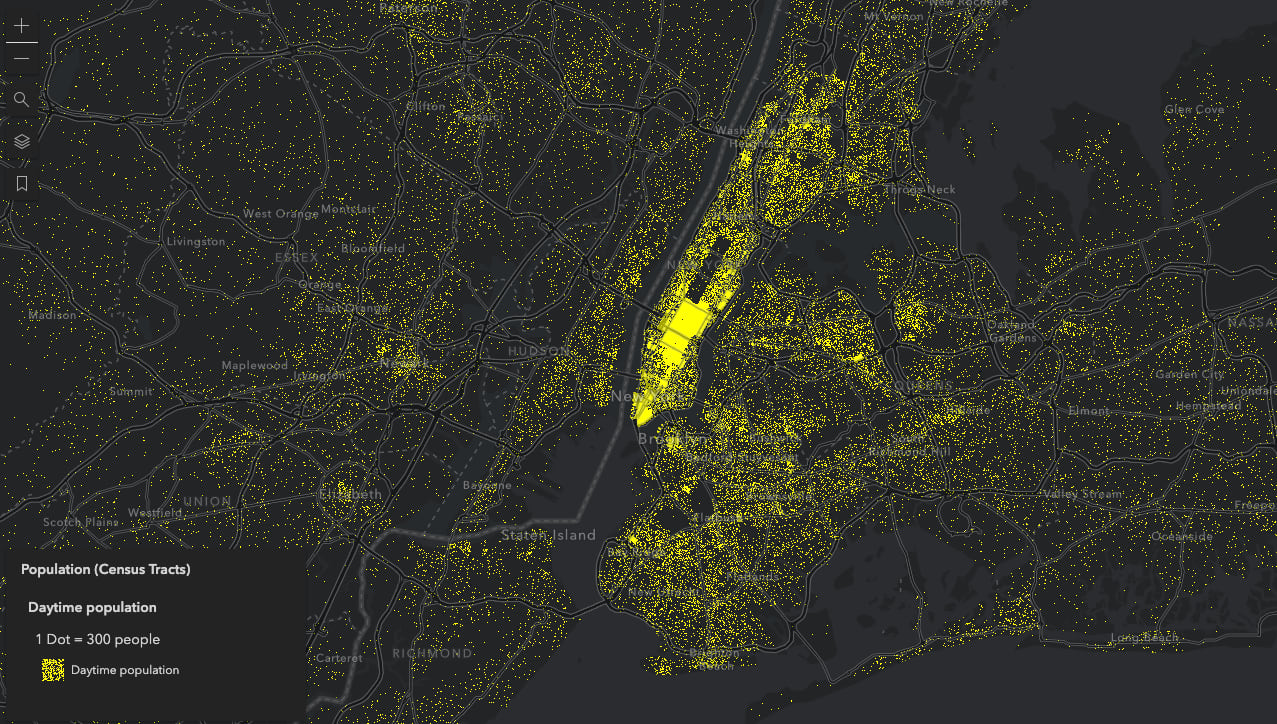 Population density of New York City during the daytime hours of the day. One dot represents 300 people.