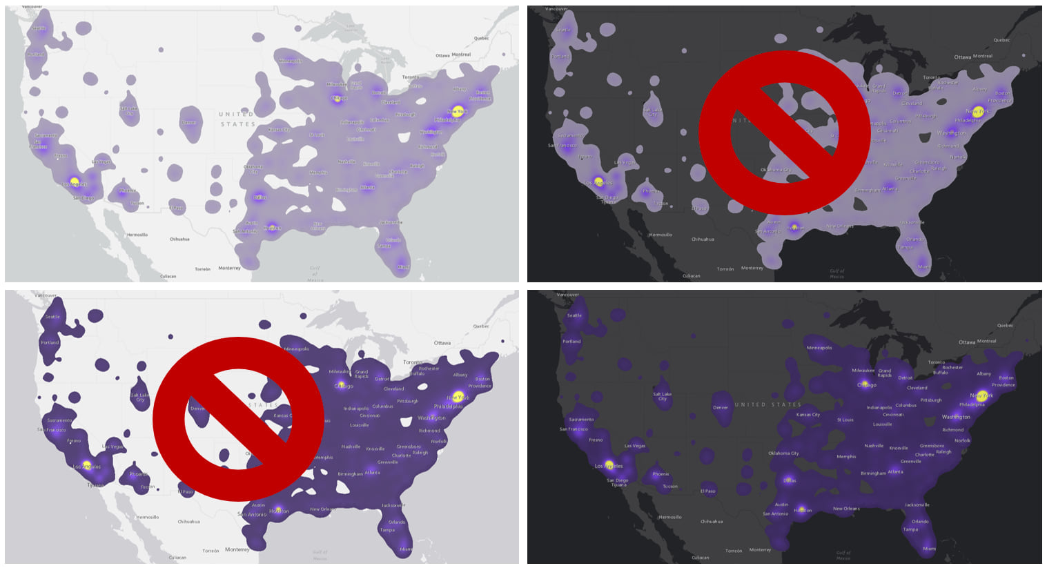 4 maps: 2 with light purple-to-yellow color ramp, 1 on light basemap, 1 on dark (with red x superimposed); 2 with dark purple-to-yellow color ramp, 1 on light basemap (with red x superimposed), 1 on dark.