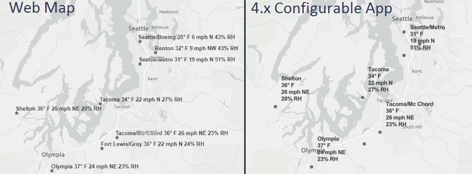 Comparison of labels in the web map versus a 4.x configurable app