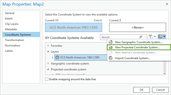 New Projected Coordinate System option in Map Properties