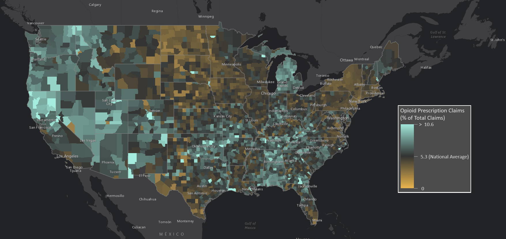 Map of continental US counties with dark basemap, legend contains above-and-below orange-to-teal color ramp with dark center.