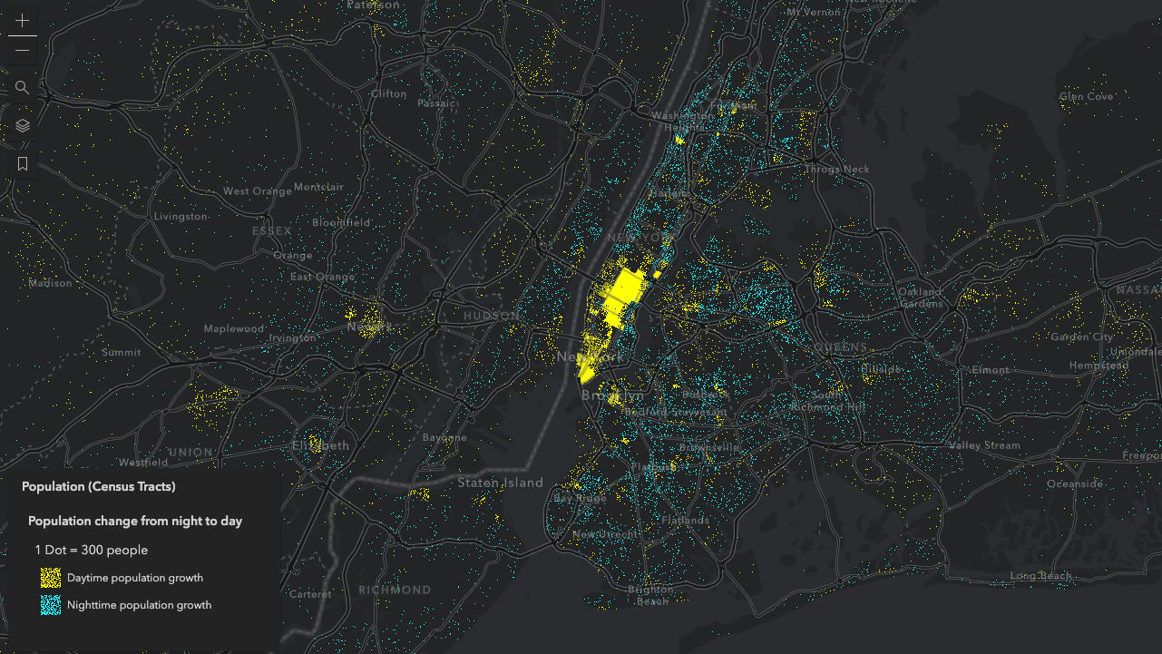 Population change in New York City from nighttime to the daytime hours of the day. One dot represents 300 people.