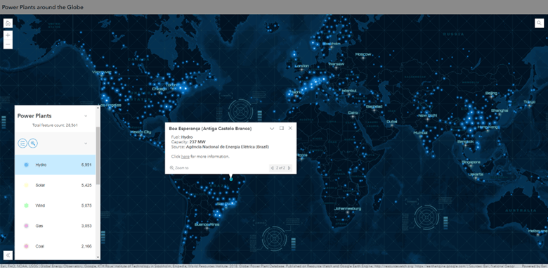 Interactive legend app filtered to show only hydro power plants