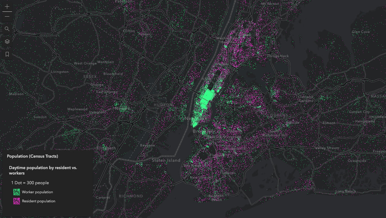 Daytime population in New York City. Each purple dot represents 300 residents. Each green dot represents 300 workers.