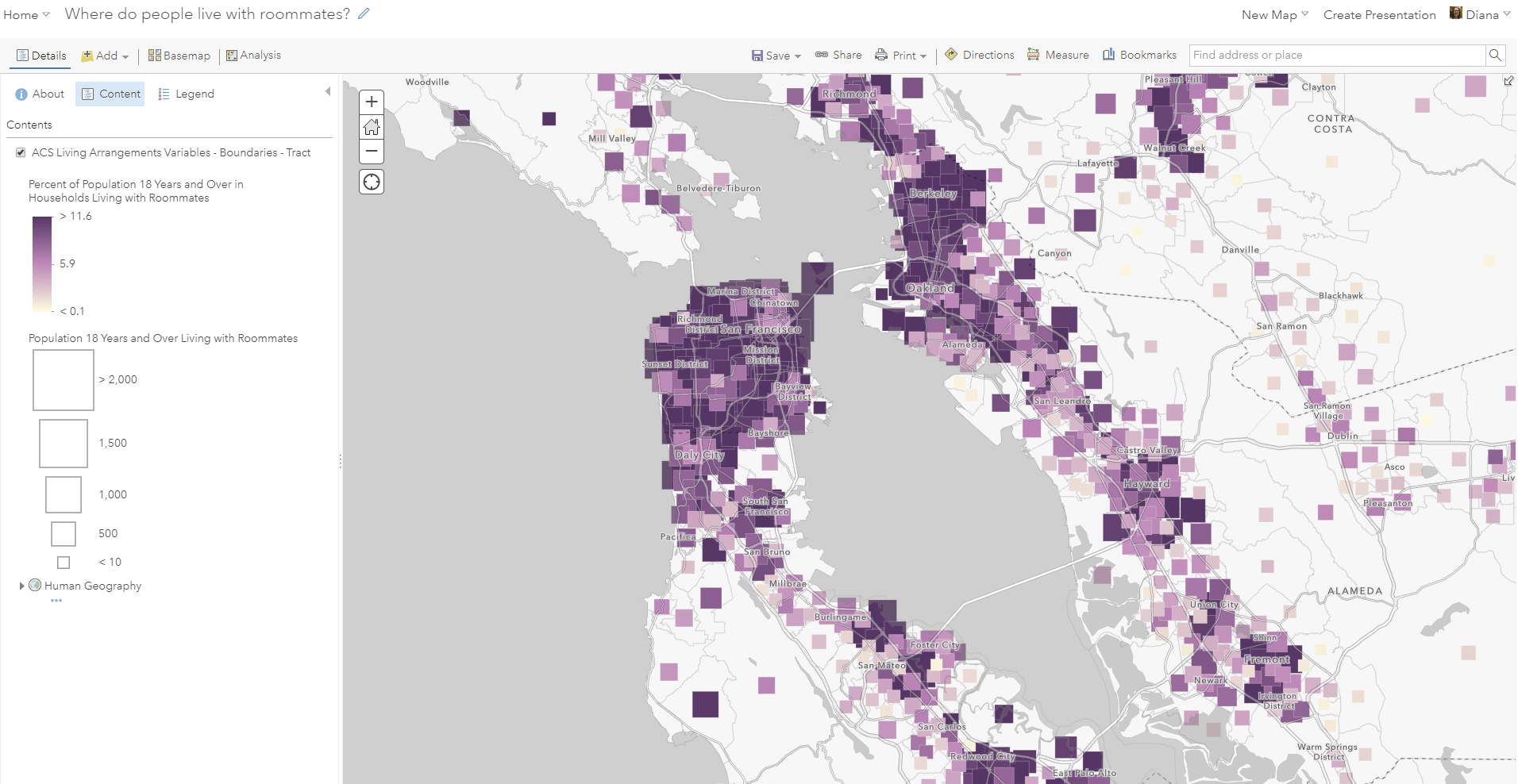 Map of San Francisco with light basemap, darker purple symbols show tracts that have a higher percentage of adults living with roommates.