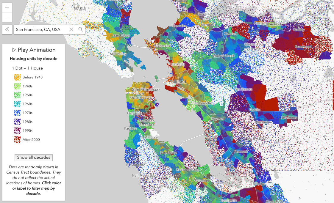 Housing construction by decade in the San Francisco Bay area. One dot represents one house.