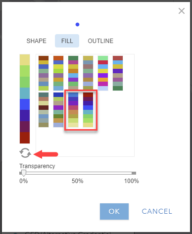 Color ramp selector with predominance color ramps shown. Red box around last two that are sequential ramps. Red arrow pointing to invert ramp option.