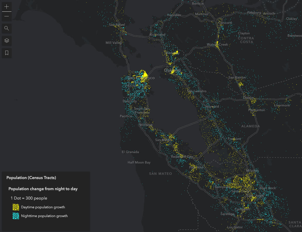 Population change in the San Francisco Bay area. One dot represents 300 people.