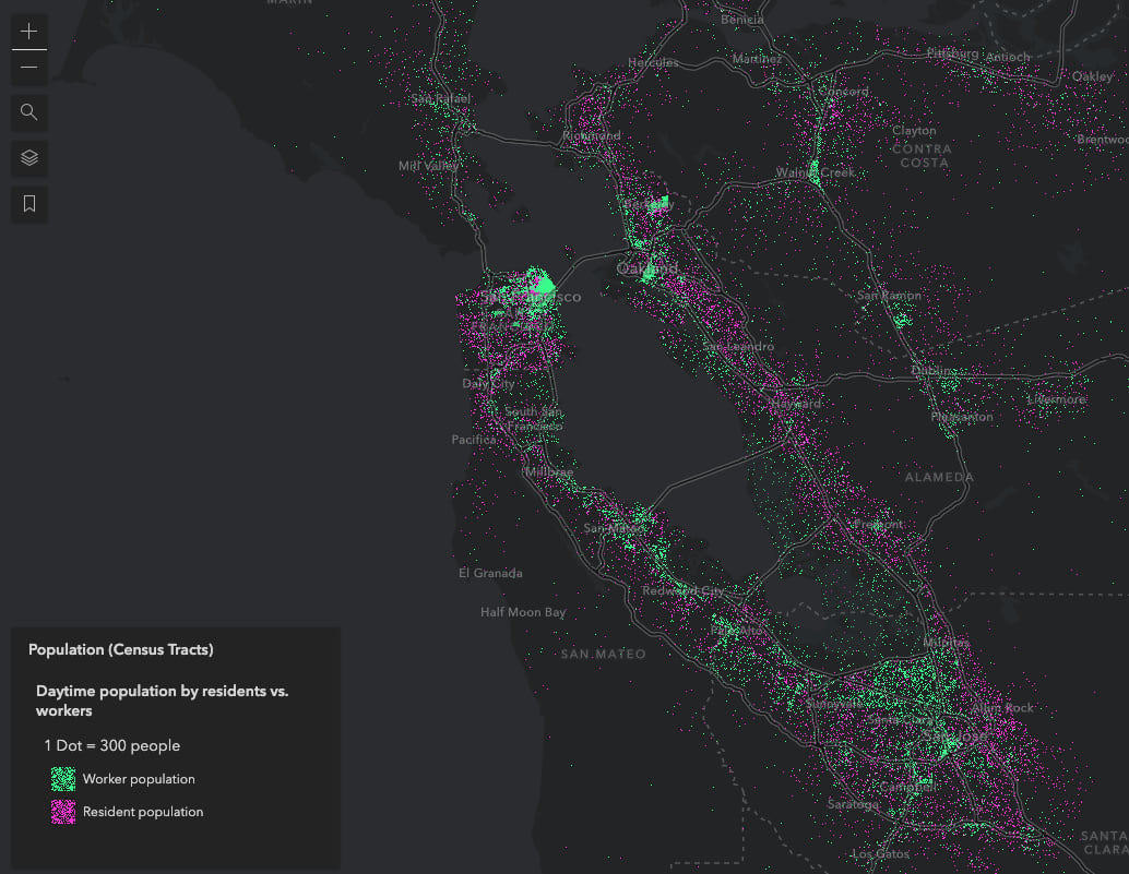 Worker and resident daytime population in the San Francisco Bay area. One dot represents 300 people.