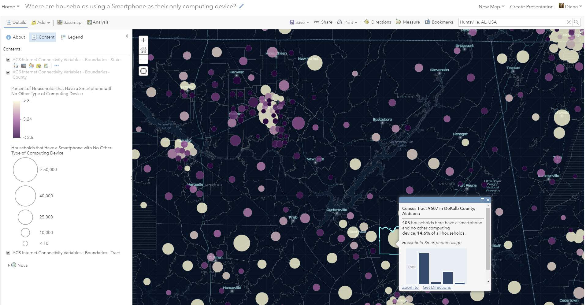 Map of Huntsville, AL using a dark basemap, lighter yellow symbols show a higher percentage of households whose smartphone is their only computing device.