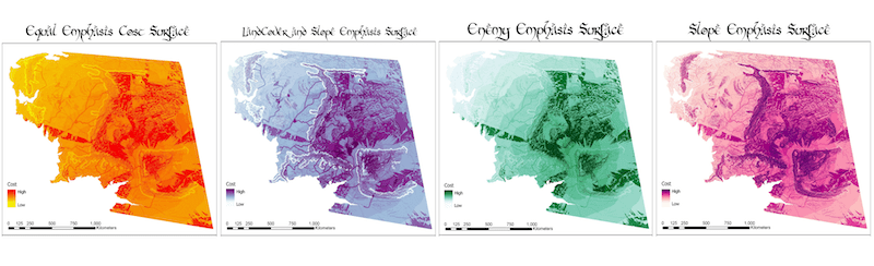 A set of small multiple maps revealing different cost layers for Middle Earth A set of small multiple maps revealing different cost layers for Middle Earth