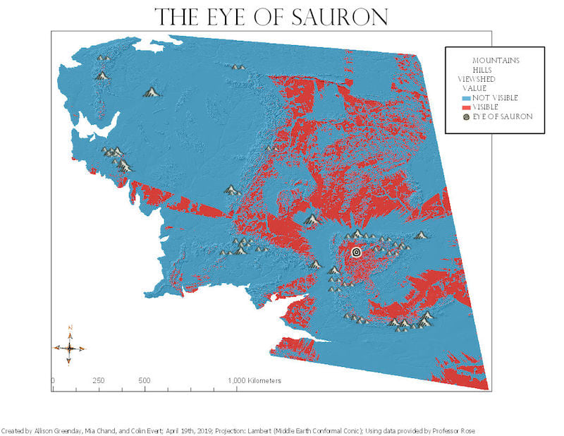 A map of Middle Earth showing large swaths of safe areas alongside patches that are visible to Sauron's eye