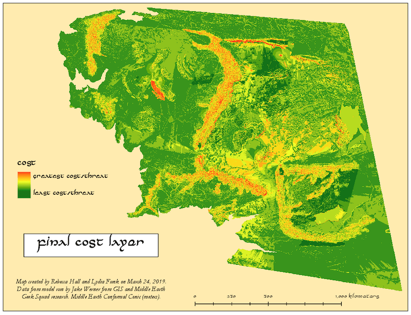 A map showing hotspots of threats and costly areas to travel through in Middle Earth