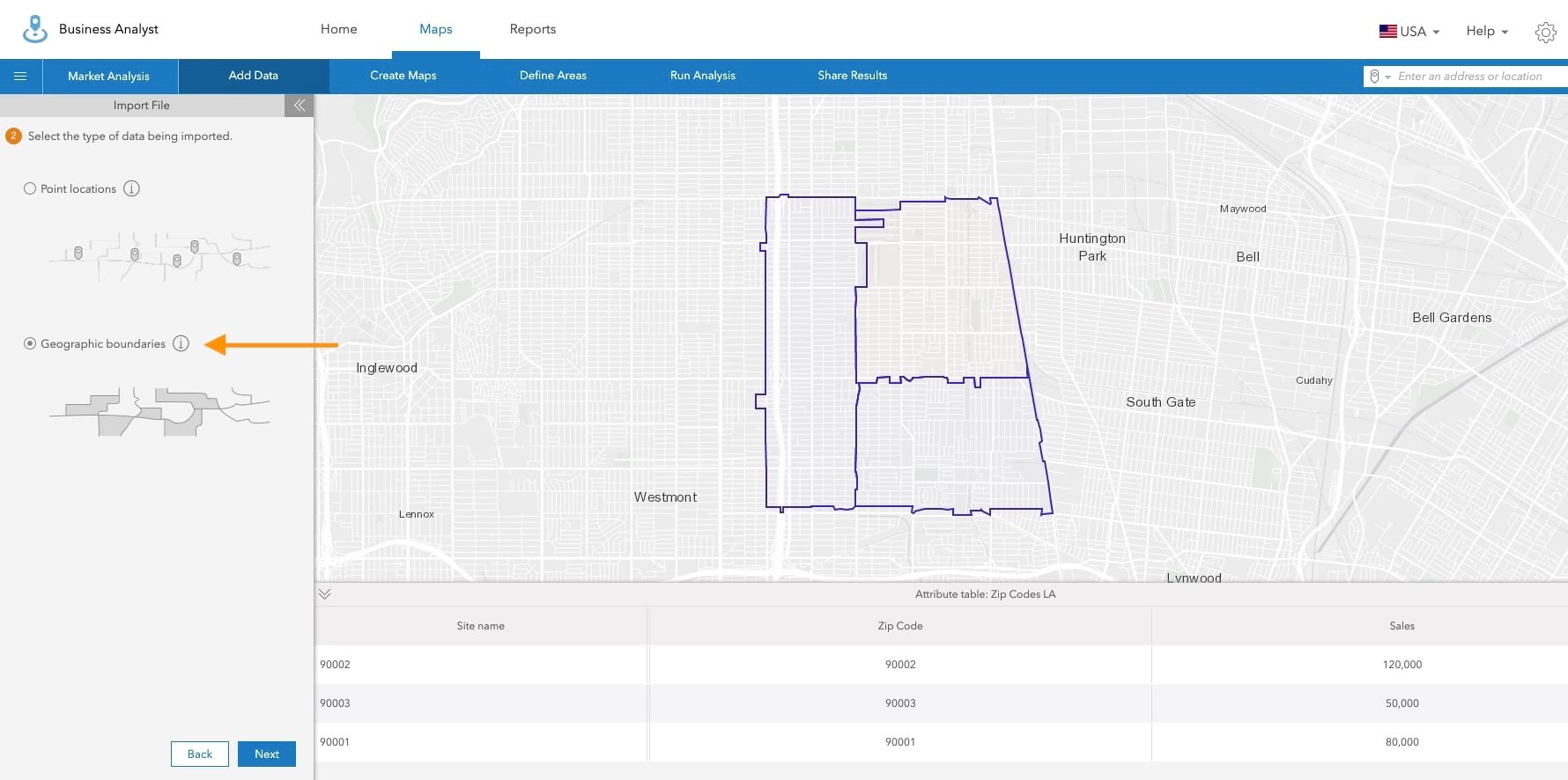 Three geographic boundaries shown in the Business Analyst Web App