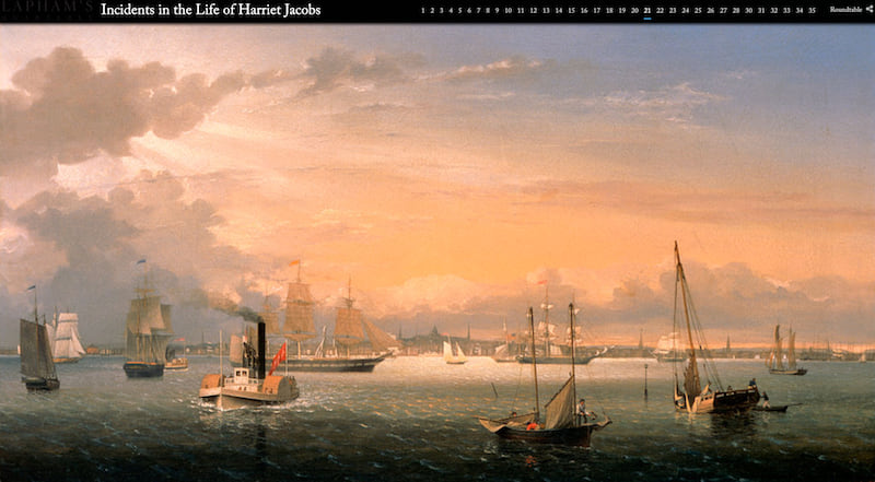 A screenshot showing a painting of Boston Harbor at sunset, filled with ships, that was inserted into the story map at full width