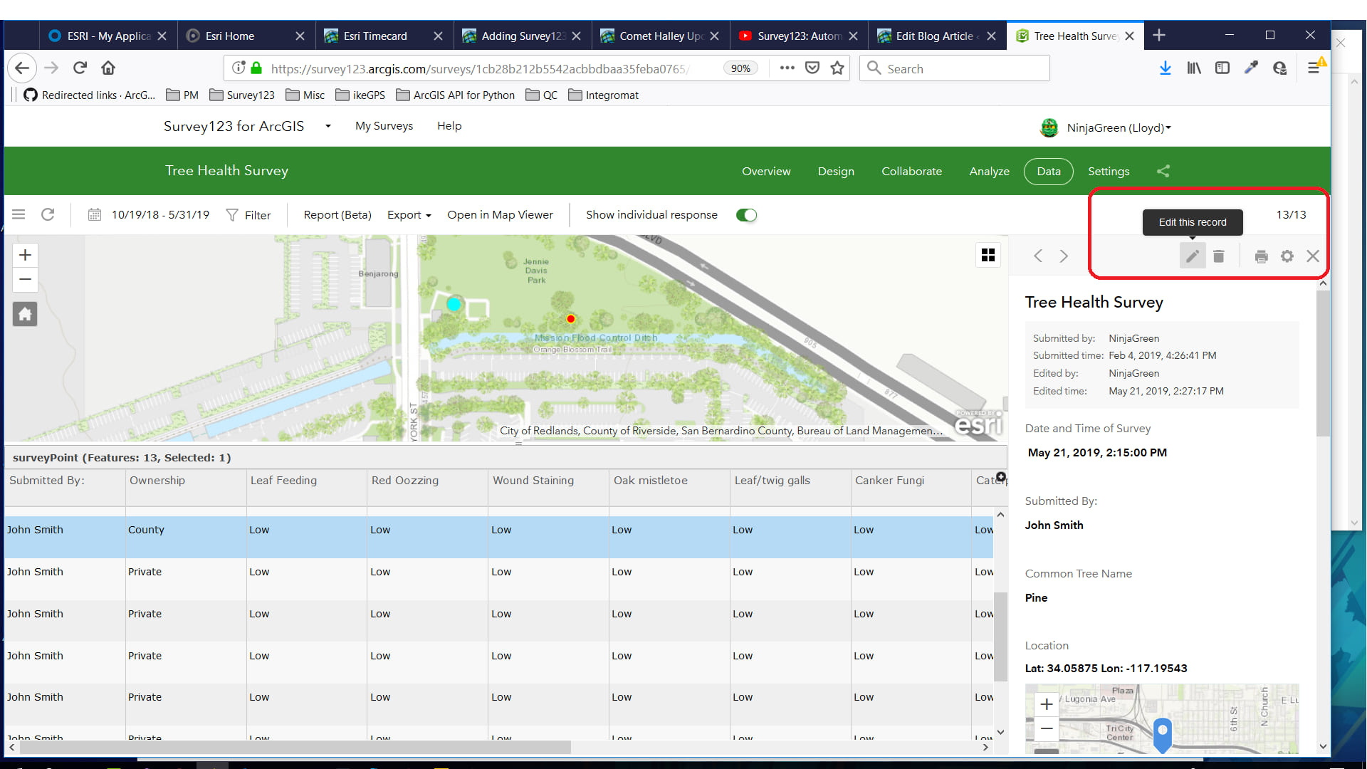 Shows the data tab in Survey123 website