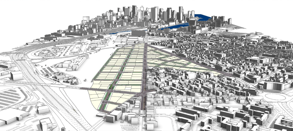 An image of an empty redevelopment area showing land parcels generated in CityEngine