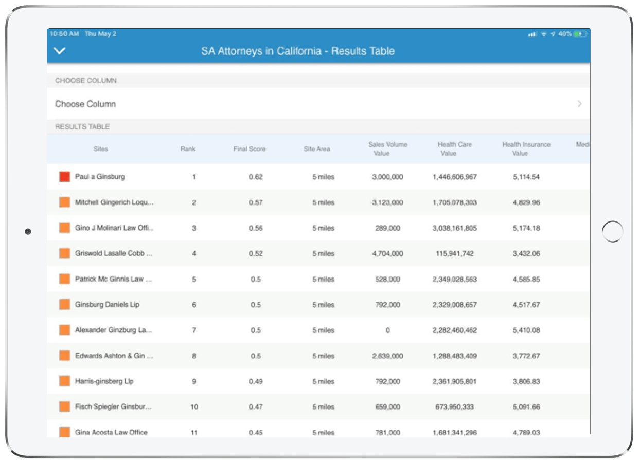 Suitability analysis running on an iPad in the Business Analyst Mobile App Suitability analysis running on an iPad in the Business Analyst Mobile App