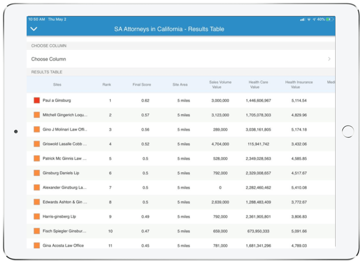 Suitability analysis running on an iPad in the Business Analyst Mobile App