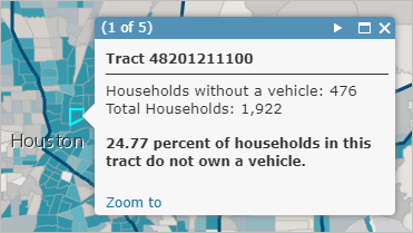 Pop-up showing percentage of households without a vehicle