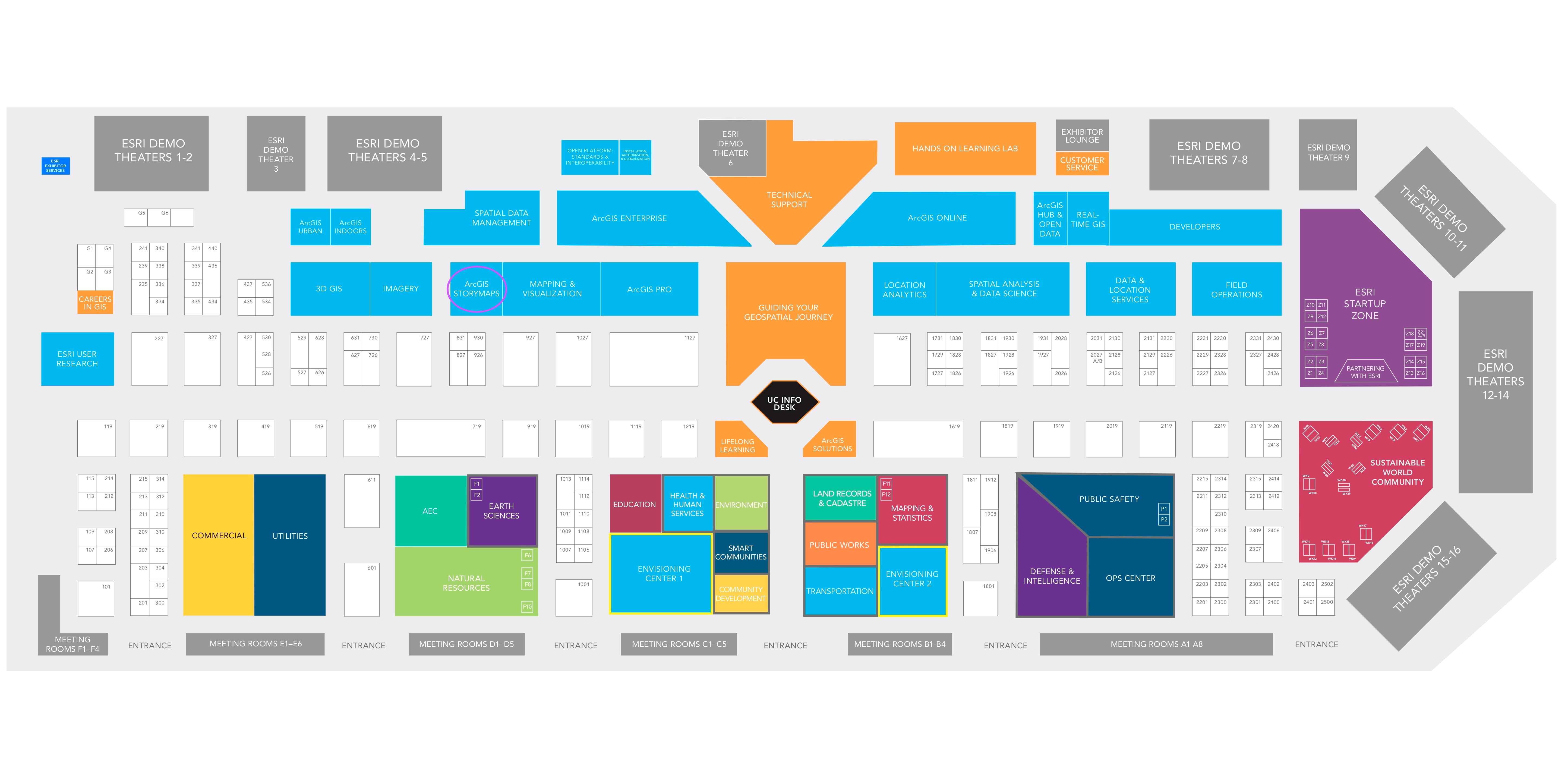 A map of the expo hall showing storymaps toward the back left