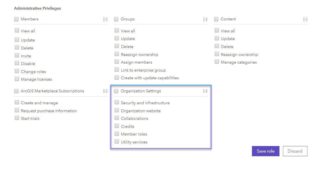 Administrative privileges available for custom roles in ArcGIS Online Administrative privileges available for custom roles in ArcGIS Online
