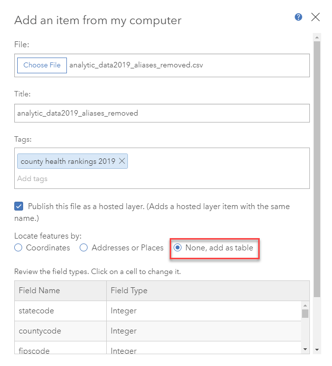 Screenshot of three radio buttons: Coordinates, Address or Place, and Add as Table. Add as Table is selected and screenshot has a red box around this choice.