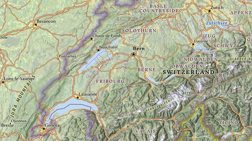 Part of the Esri National Geographic Style map showing Switzerland