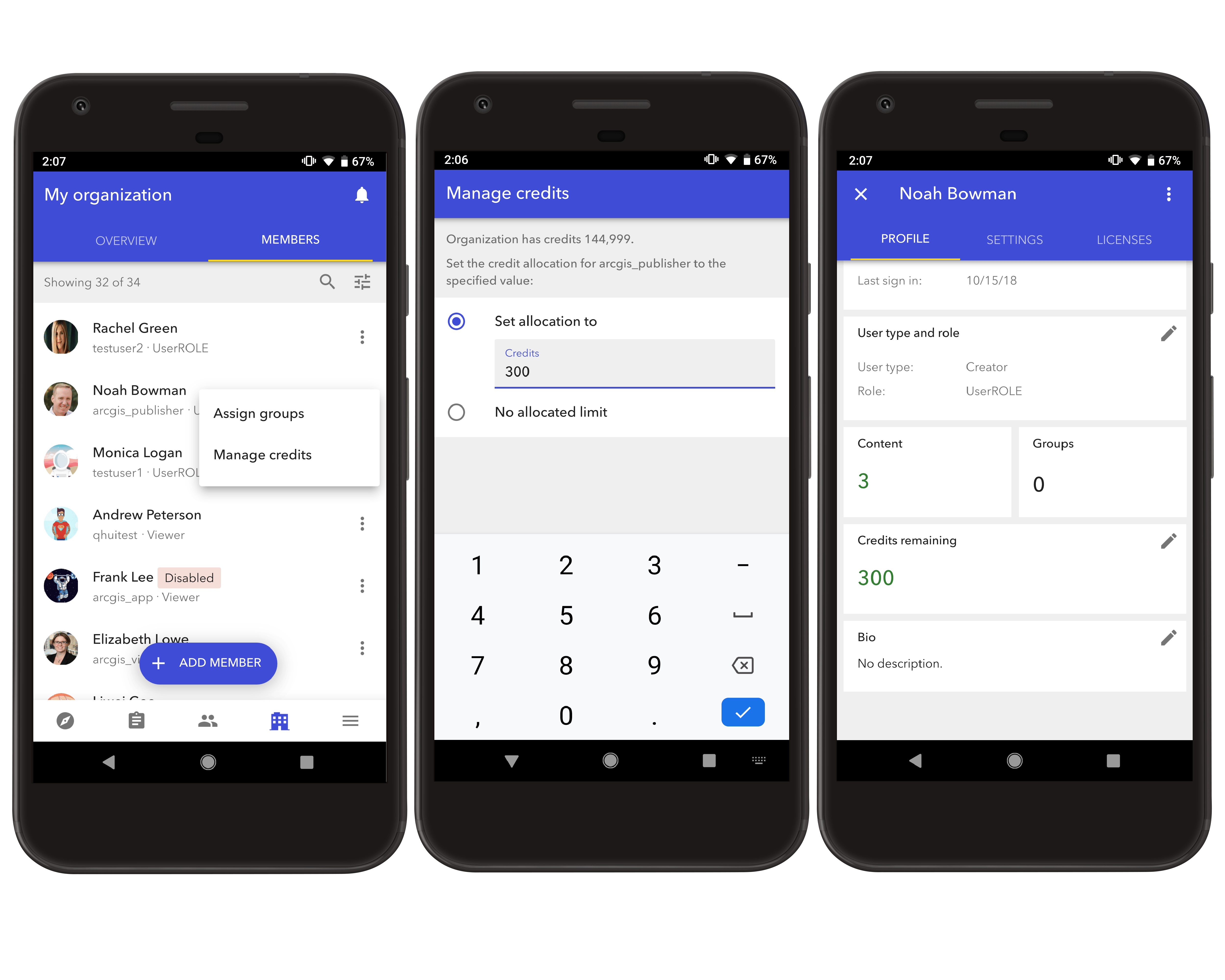 Mobile device screenshots showing the workflow for how to allocate credits to a member from the Members tab of the Organization page.