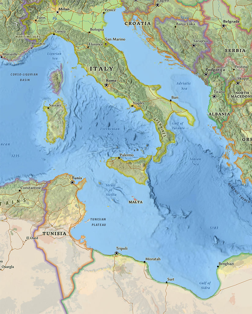 Part of the Esri National Geographic Style map showing the central Mediterranean