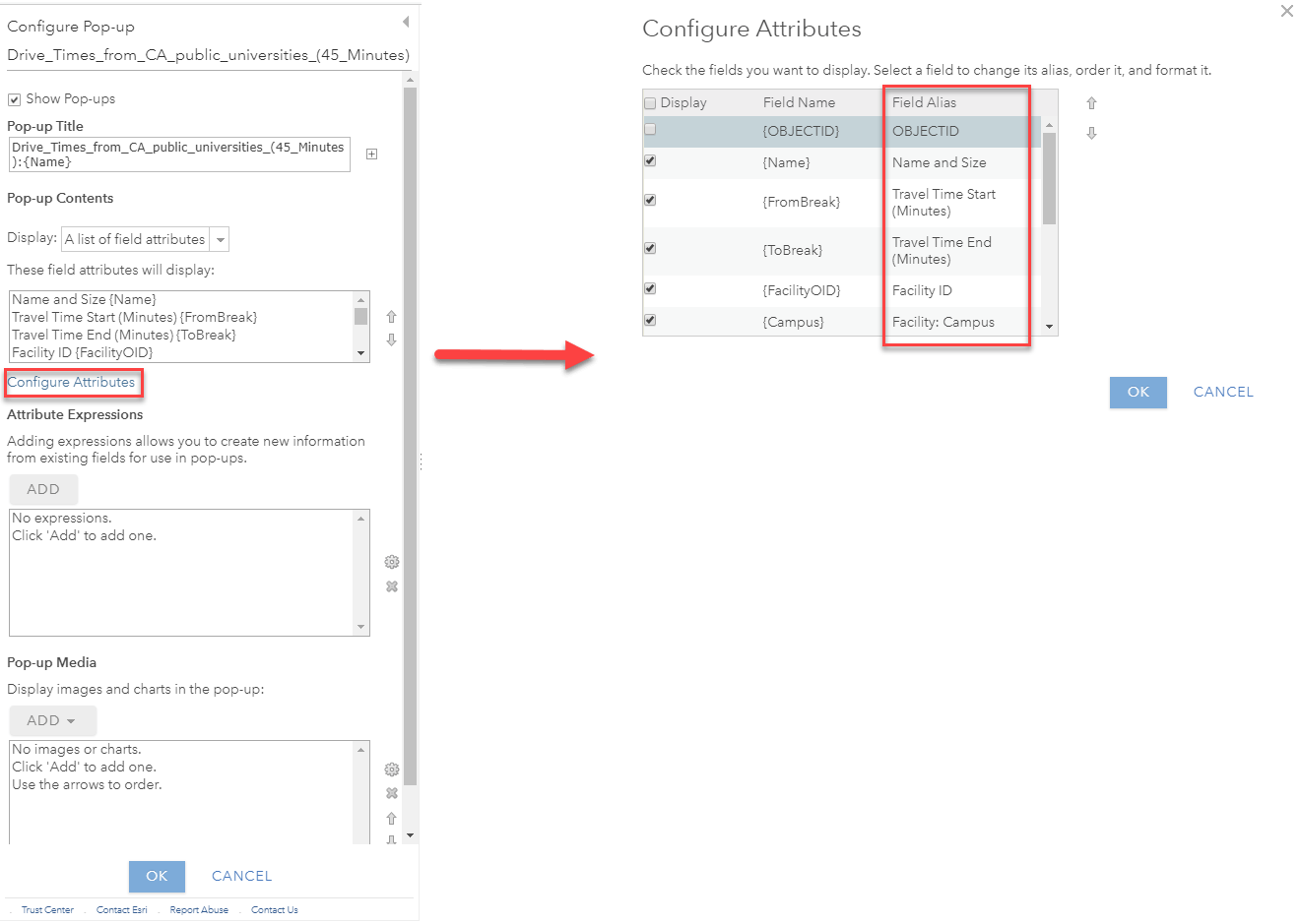 On left, screenshot of the Pop-Up Configuration menu with "Configure Attributes" selected, then red arrow over to right panel which shows the Configure Attributes interface with a red square around the Field Alias column. On left, screenshot of the Pop-Up Configuration menu with "Configure Attributes" selected, then red arrow over to right panel which shows the Configure Attributes interface with a red square around the Field Alias column.