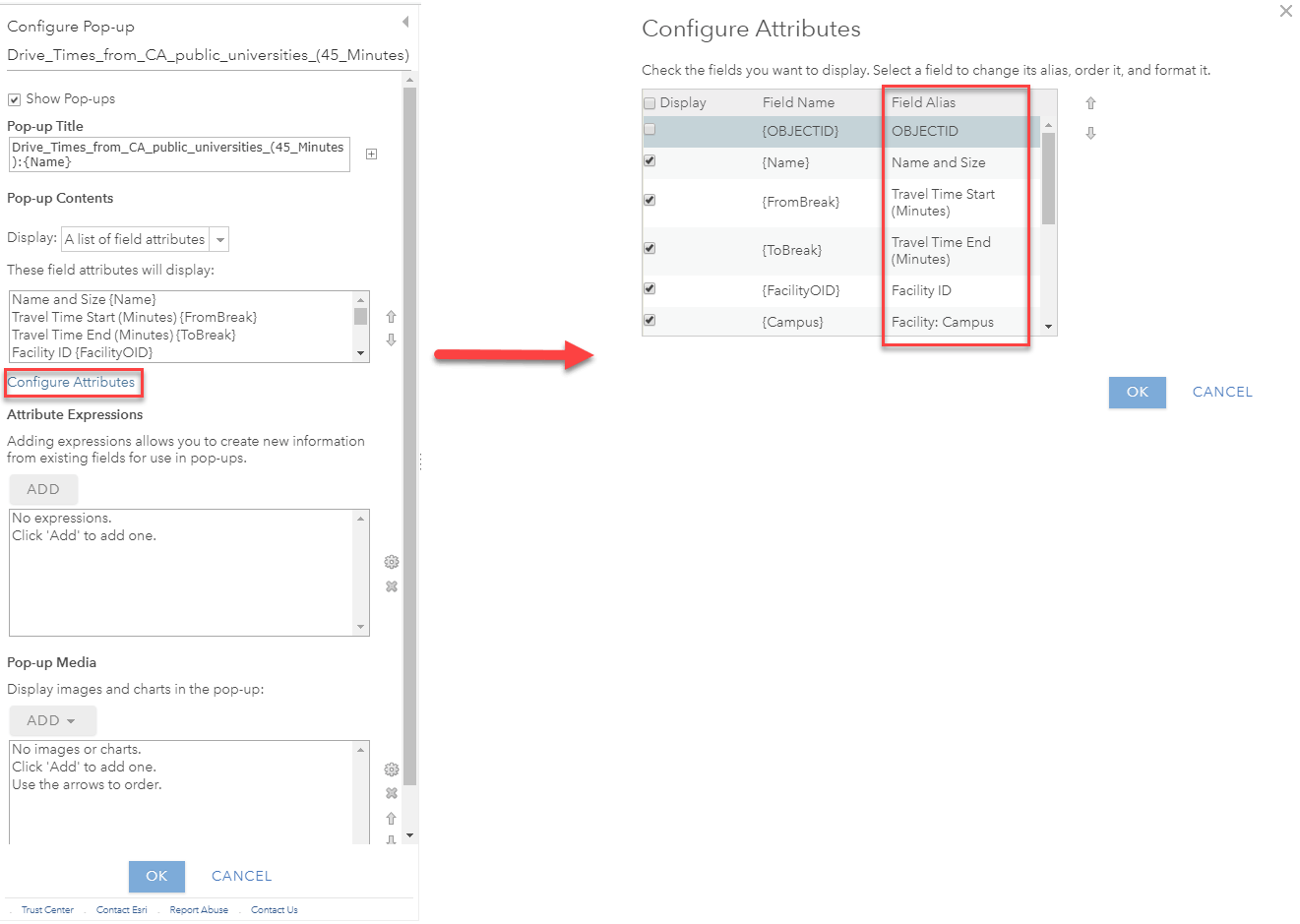 On left, screenshot of the Pop-Up Configuration menu with "Configure Attributes" selected, then red arrow over to right panel which shows the Configure Attributes interface with a red square around the Field Alias column.