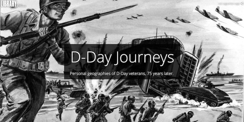 The cover page of the D-Day story map, featuring a black-and-white illustration of soldiers storming the beach.