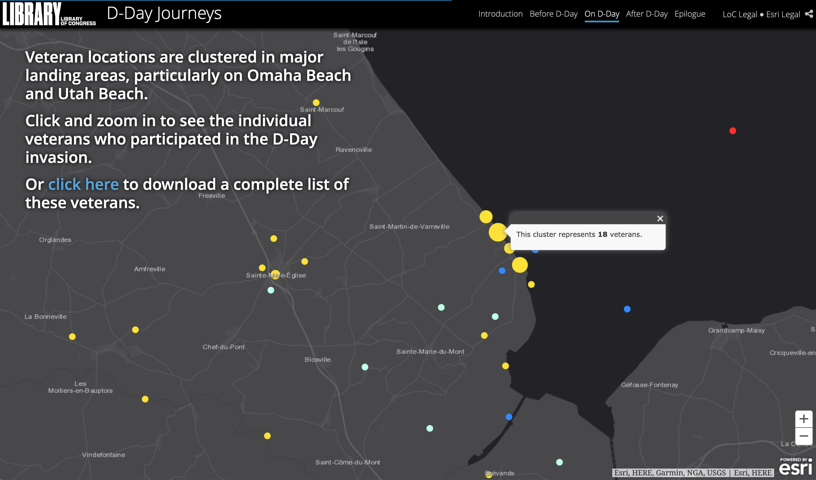 A screenshot of a map showing bright-color circles which represent groups of veterans in position on D-Day