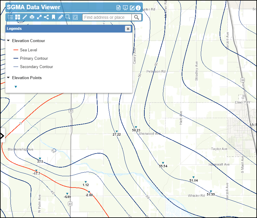 http://Example%20application%20of%20ground%20water%20contours%20and%20measuring%20points.%20Red%20line%20indicates%20seal%20level%20and%20blue%20lines%20represent%20contours%20of%20ground%20water%20depth.