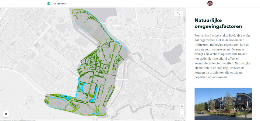 An image of a sidecar block featuring a city map of greenspace in the media panel, and explanatory text in the side panel.