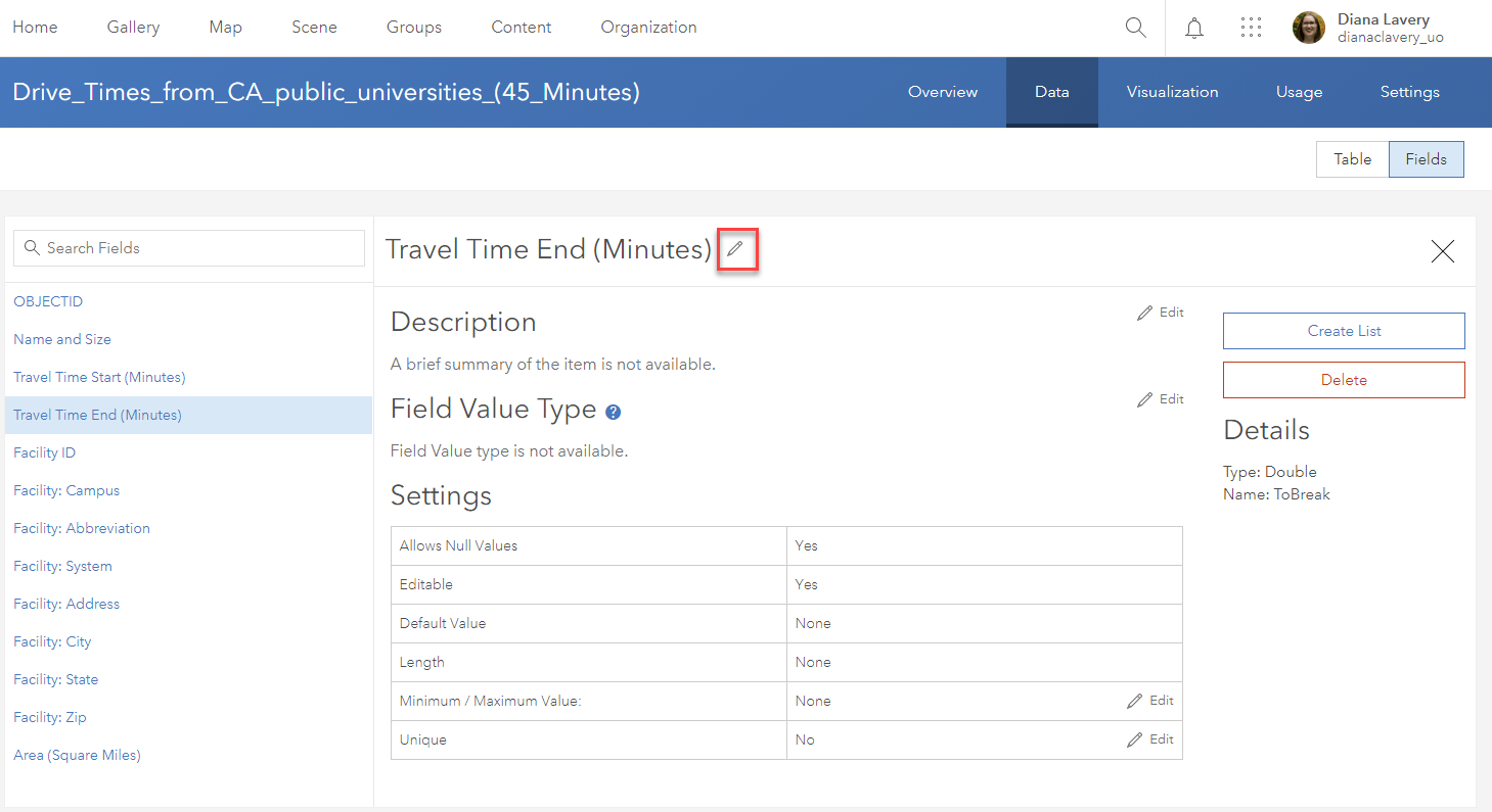 Screenshot of the Data tab within the Item Details. Fields view is selected, and the field called "Travel Time End (Minutes)" is selected as an example. A pencil icon next to this field's name is highllighted with a red square to show that this is how you can edit any field metadata.