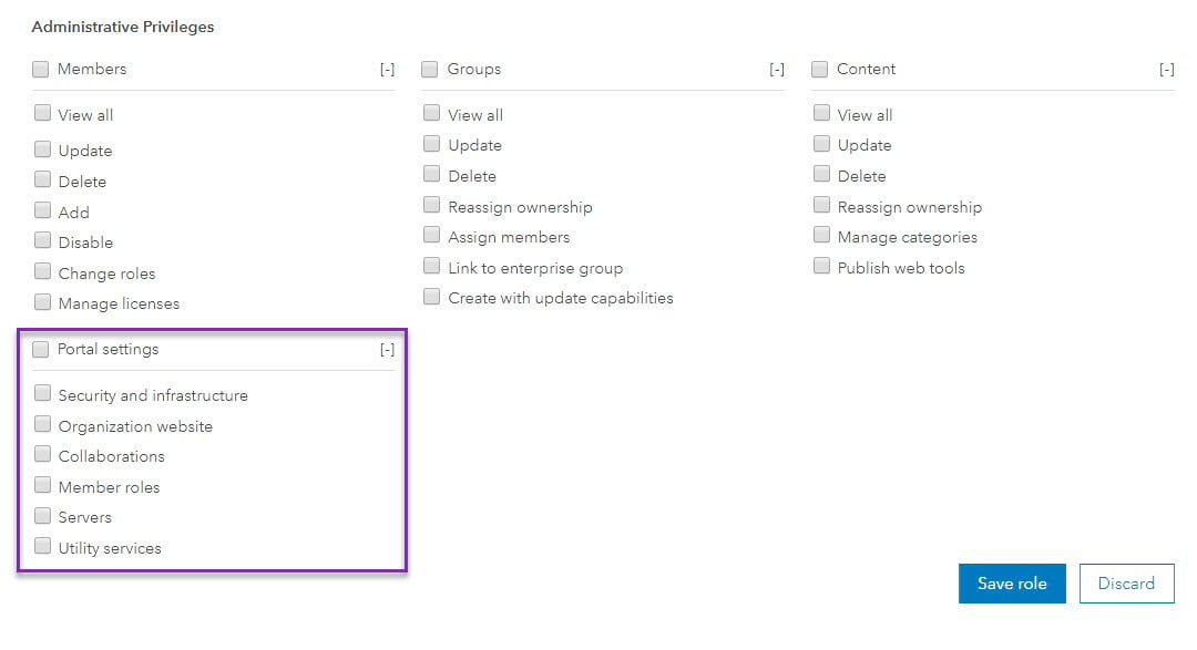 Administrative privileges available for custom roles in ArcGIS Enterprise 10.7.1