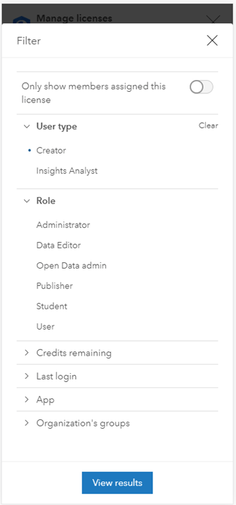 Filter window for the manage licenses workflow set to search members by the Creator user type. Filter window for the manage licenses workflow set to search members by the Creator user type.