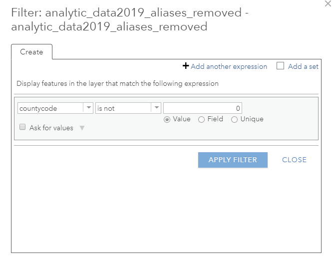 Filter expression dialogue box with an expression saying 'countycode is not 0' Filter expression dialogue box with an expression saying 'countycode is not 0'