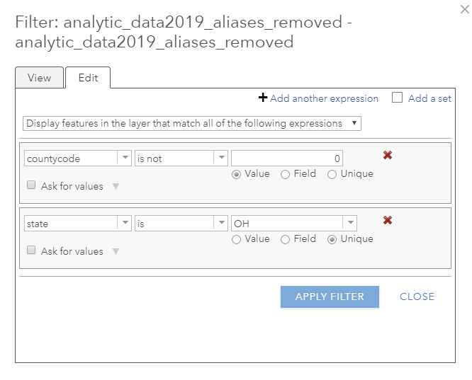 Filter expression dialogue box, this time with two expressions: 'countycode is not 0' and 'state is OH' Filter expression dialogue box, this time with two expressions: 'countycode is not 0' and 'state is OH'